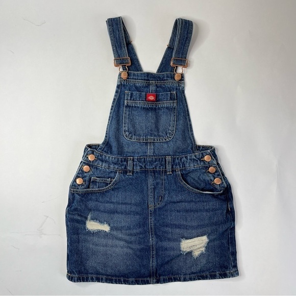DICKIES Distressed Copper Buckles Blue Jean Mini Skirt Pockets Bib Overall Dress - Picture 1 of 11